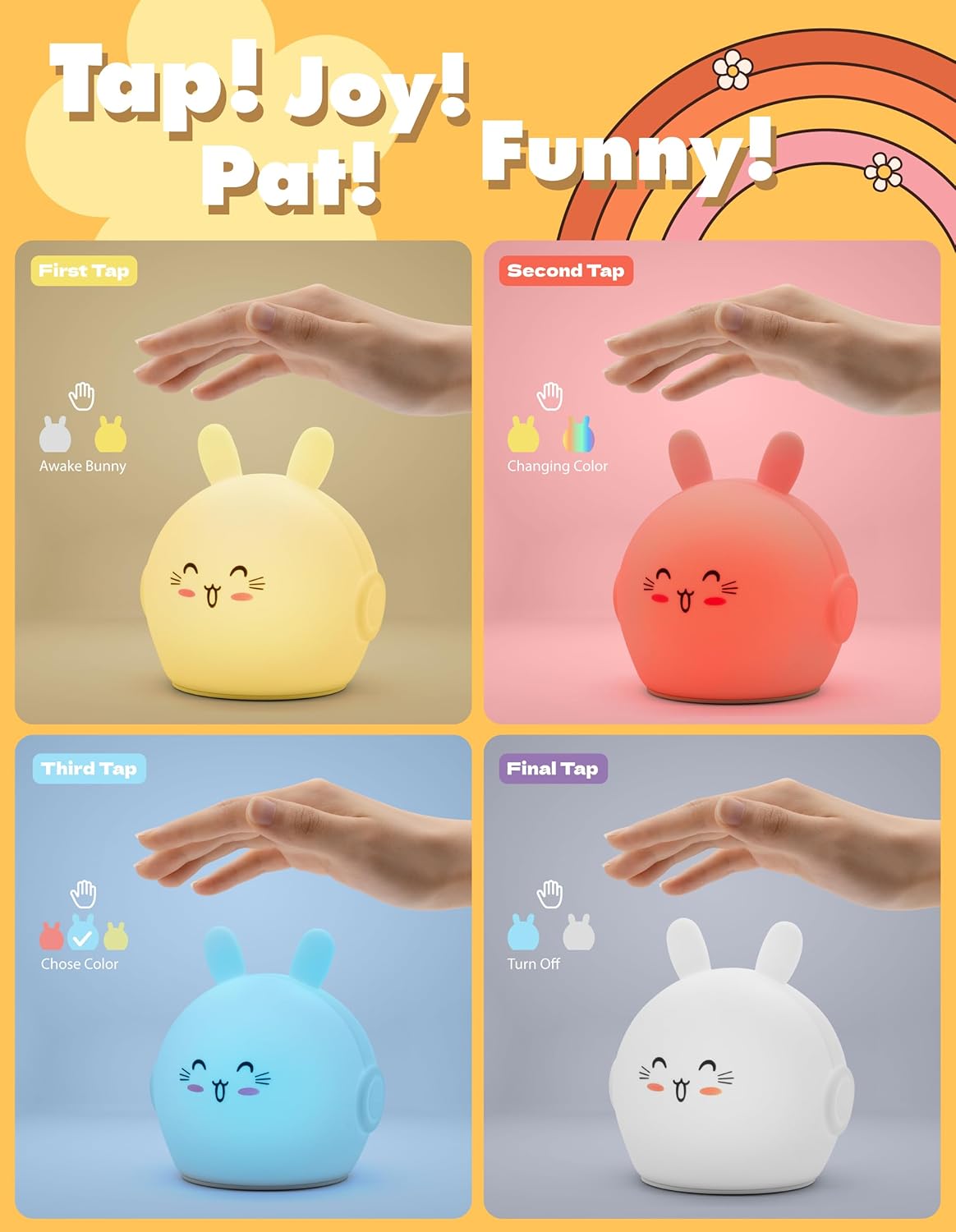 Four different colored rabbit-shaped night lights with taps on a colorful background.