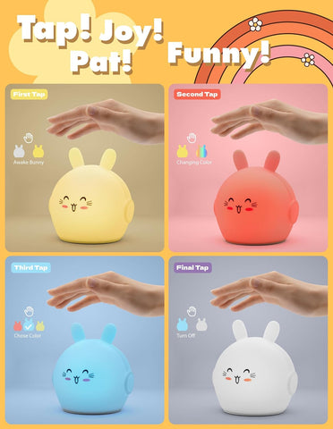 Four different colored rabbit-shaped night lights with taps on a colorful background.
