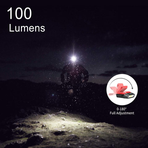 Person using a flashlight in the dark with '100 Lumens' text and a light bulb icon.