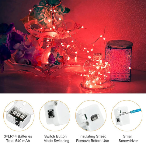 12 Pack Battery Operated Red Fairy Lights 2M with 20 LEDs, Waterproof Mini String Lights with 3 Lighting Modes