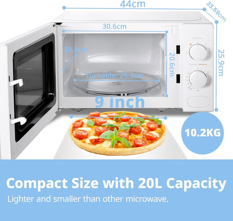 20L White Microwave Oven with 5 Power Levels, Quick Defrost & Timer