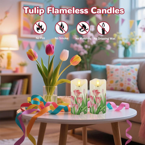 Tulip Flameless Pillar Candles Set of 2, 6×3 Inch Real Wax LED Candles with Remote, Timer & Dimmable Flickering Light