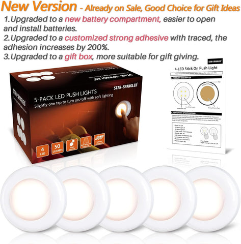 Tap Light Push Lights – 5 Pack, Warm White, Stick-On LED Touch Puck Lights, Battery Operated, Indoor Spot Lighting for Cupboard, Wardrobe, Kitchen, Closet