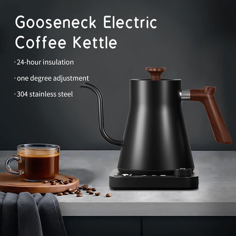 RHD Electric Gooseneck Kettle 0.9L – LCD Display, Real-Time Temp Control, 1200W Fast Heat, 304 Stainless Steel, Matte Black
