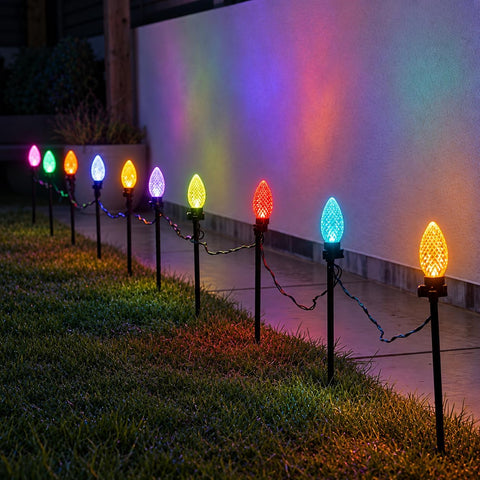 Festive Lights - 10 Colour Changing Diamond Cone Garden Stake Lights - 40 LEDs, 4.5m Lit Length, 8m Black Lead, 11 Functions, Mains Powered, IP44 Indoor Outdoor Decoration for Lawn, Pathway, Border