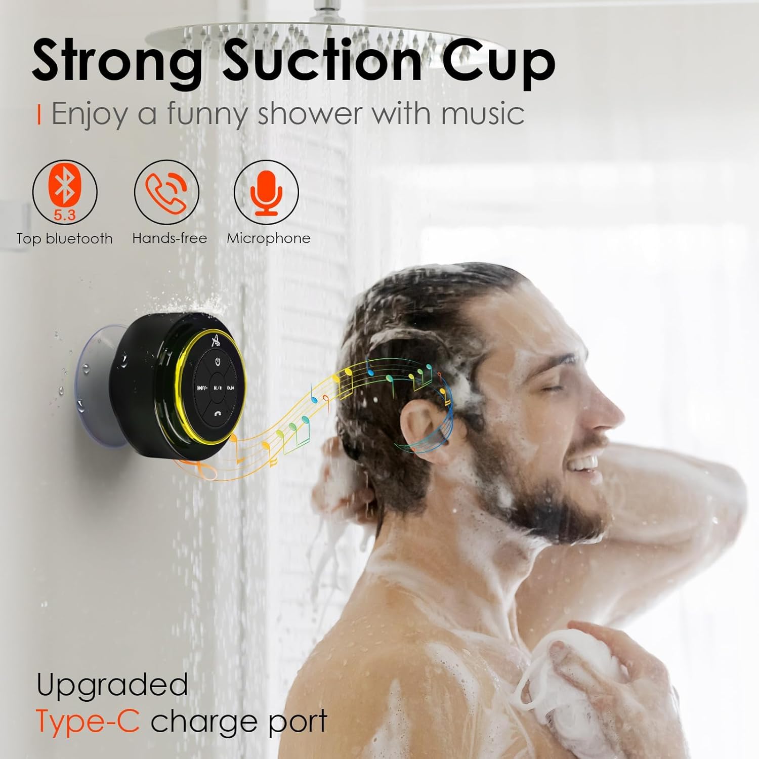 Person showering with a Bluetooth shower speaker attached to the wall, featuring text about suction cup, music enjoyment, and product features.