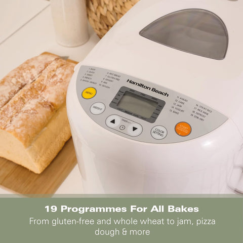Hamilton Beach Bread Maker – 19 Programmes, 3 Loaf Sizes, Gluten-Free, Timer, Keep Warm, Adjustable Crust Control – White