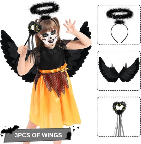 Newthinking Black Angel Wings Costume Set with Halo & Wand – Feather Angel Wings for Halloween Fancy Dress, Cosplay, Parties & Photoshoots