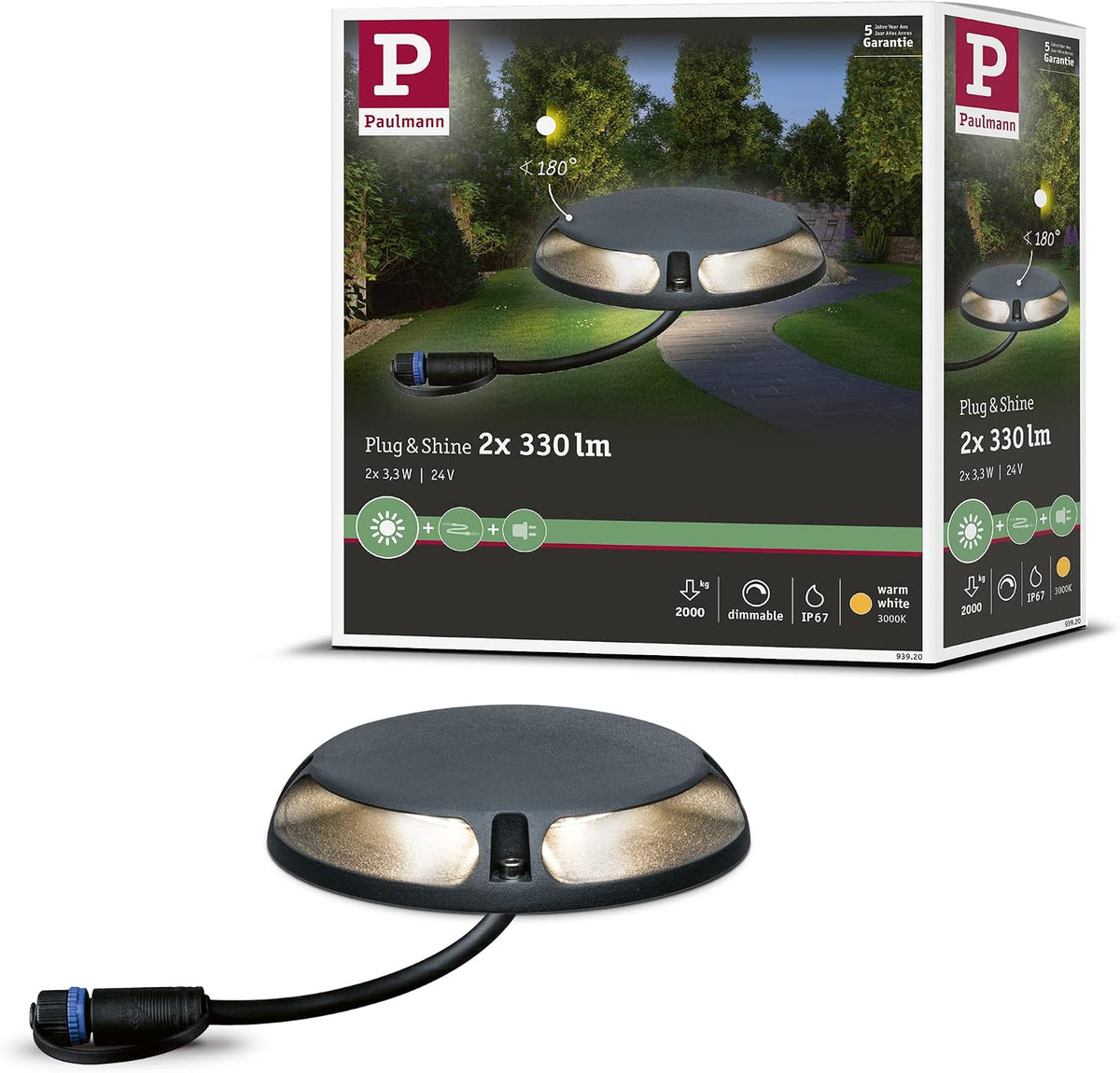 Paulmann 93920 Outdoor Plug & Shine Ground Surface-Mounted luminaire IP67 2x350lm 3000K 2x3W 24V 180° Anthracite alu