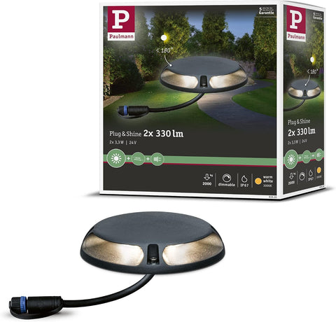 Paulmann 93920 Outdoor Plug & Shine Ground Surface-Mounted luminaire IP67 2x350lm 3000K 2x3W 24V 180° Anthracite alu