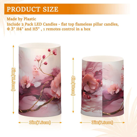 Pink Flower Marble Flameless LED Candles Set of 2, Battery Operated Decorative Candles with Remote & Timer