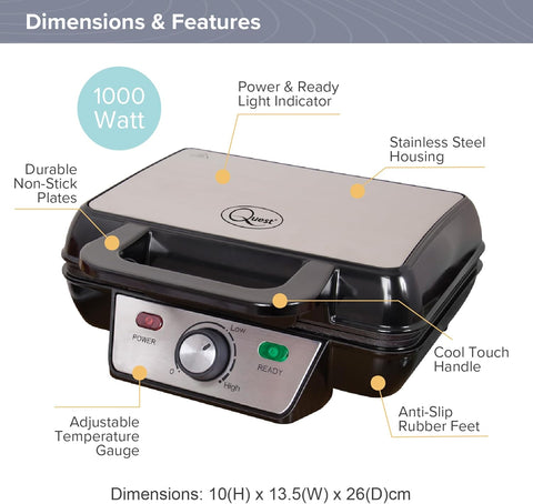 Two Slice Deep Fill Waffle Maker – Non-Stick Plates, Adjustable Temperature, Stainless Steel, Cool Touch Handle, 1000W UK