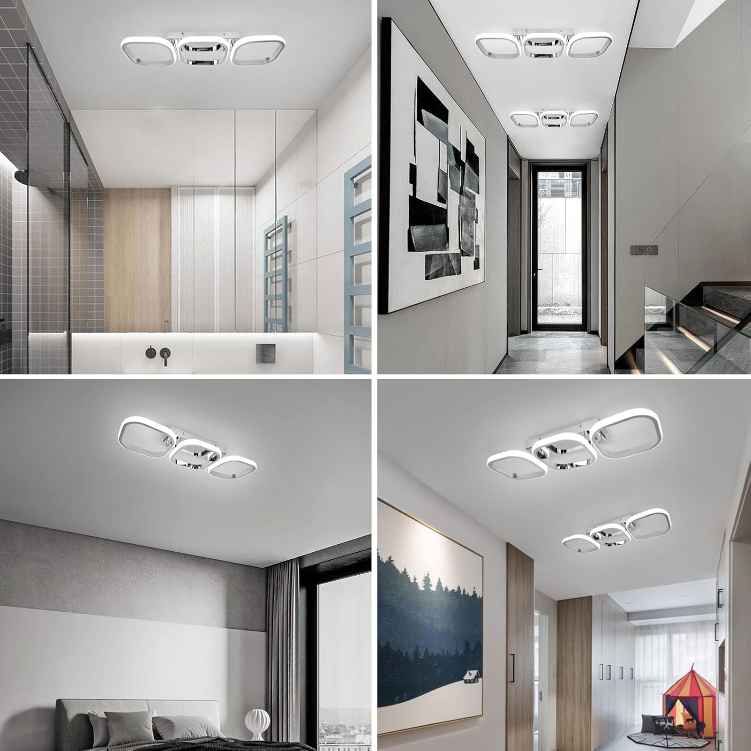 Collage of modern interior design with ceiling lights in various rooms.