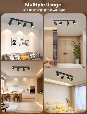 Track light fixture used as ceiling and wall light in various indoor settings.
