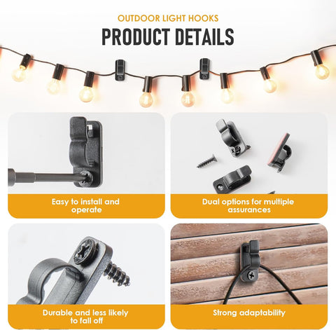 50 Pack Garden Light Hooks with Adhesive & Screws – Black Nylon Outdoor String Light Clips with Safety Buckles for Fences, Patios & Balconies – Keep Every Light Securely in Place