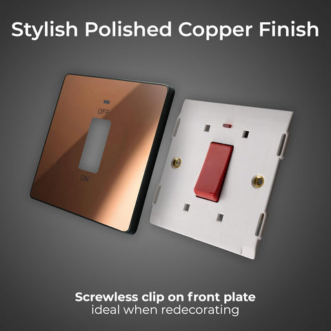 BG Electrical Cooker Control Switch Unit with LED Power Indicator, Single Plate, Double Pole, Screwless, Evolve, Polished Copper, 45A, PCDCP74B