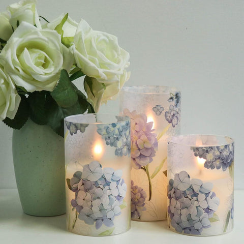 Hydrangea Frosted Glass LED Flameless Candles Set, Flickering Battery Operated Pillar Candles with Remote & Timer