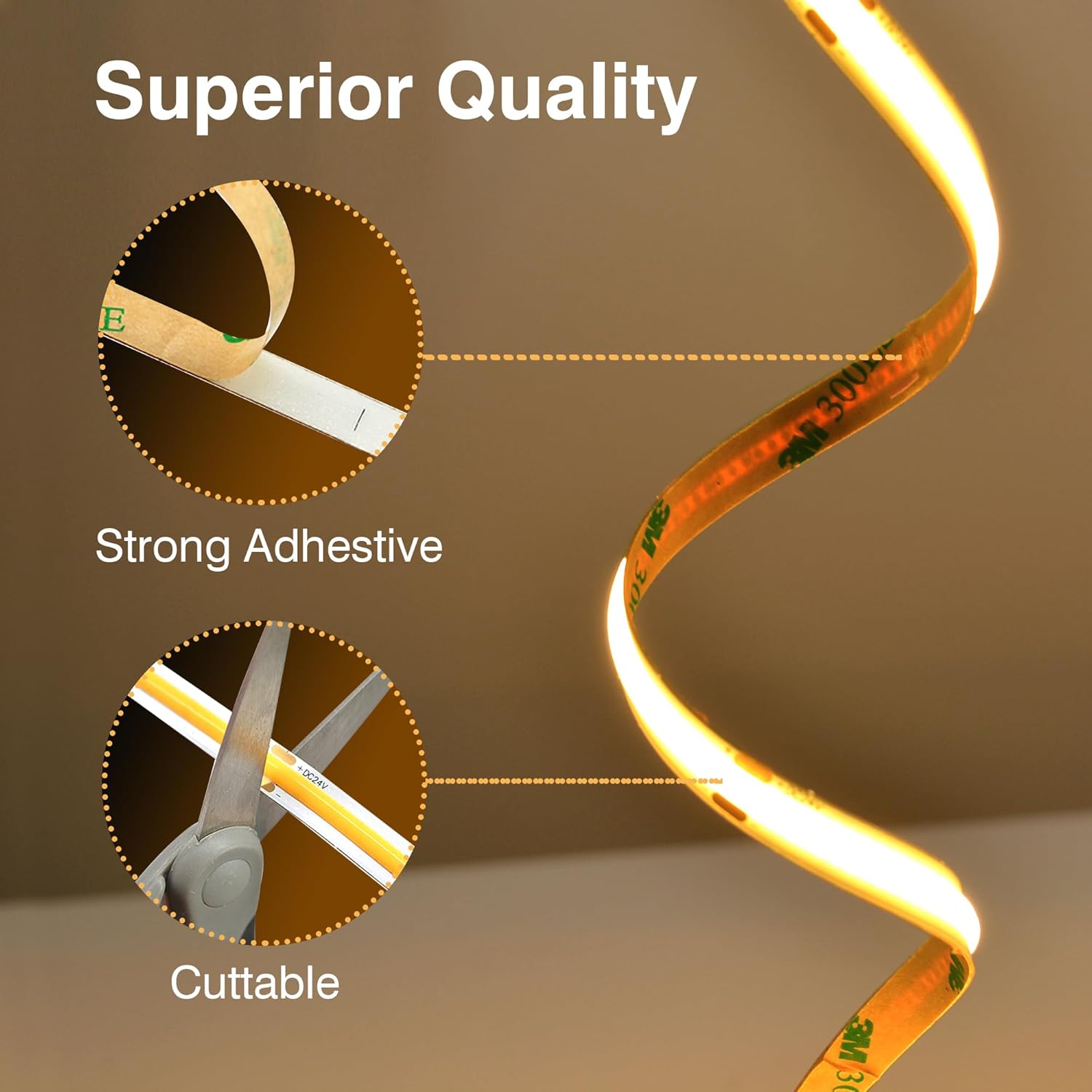 LED strip light with strong adhesive and cuttable features on a brown background