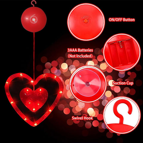 Valentine’s Day Decorative Window Lights, 3PCS Red Heart Shaped LED Hanging Window Curtain Lights, Battery Operated with Suction Cups for Wedding & Anniversary Décor