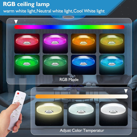 RGB ceiling lamp with color selection and temperature adjustment options, shown with a remote control.