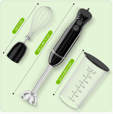 Hand Blender 3-in-1 Immersion Stick Blender | Electric Handheld with Stainless Steel Blade, Egg Whisk & 700ml Beaker - Black HB3202