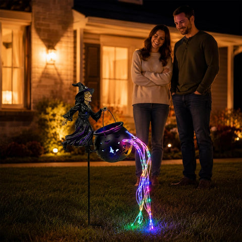 3D Witch Cauldron Garden Stake Light, Metal Iron Art Halloween Yard Ornament, Dimensional Ground Plug Decor for Flower Beds Pathways Patio Indoor Themed Decoration，2PCS
