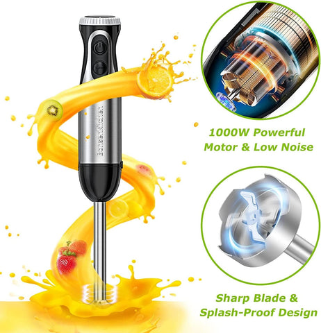 Stainless Steel Hand Blender 1000W – 4-in-1 Stick Blender with 20 Speeds, Whisk, 500ml Chopper & 700ml Measuring Cup (HB3203)