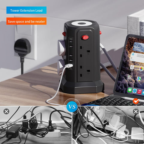 Tower Extension Lead with USB Ports, 8 Socket Outlets, Surge Protection & 3-Level Night Light – Keep Your Everyday Devices Powered Without the Plug-In Chaos