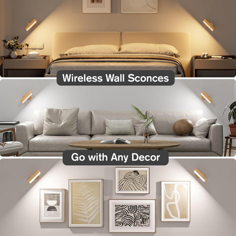 Battery Operated Wood Grain Wall Sconces, Wireless LED Wall Sconce Set of Two for Bedroom, Rechargeable Wall Lights for Picture, 5 Modes Dimmable Wall Lamps for Living Room, 2 Pack