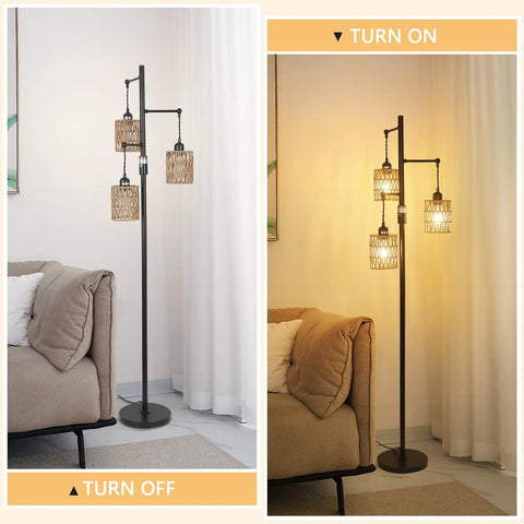 Floor lamp with three lampshades in a living room setting, showing 'Turn On' and 'Turn Off' states.