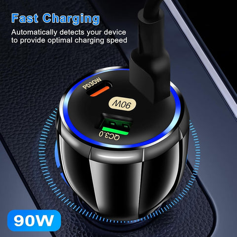 90W 3-Port USB C Fast Car Charger Adapter