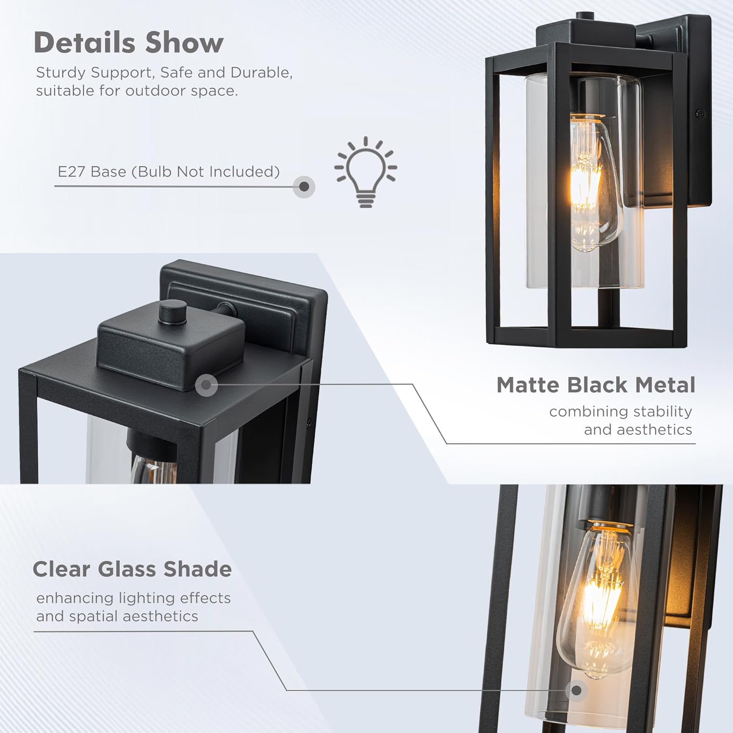 Outdoor wall light fixture with clear glass shade and matte black metal frame, suitable for outdoor use.