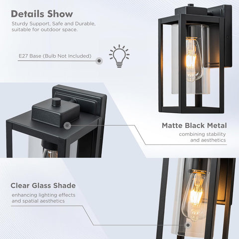 Outdoor wall light fixture with clear glass shade and matte black metal frame, suitable for outdoor use.