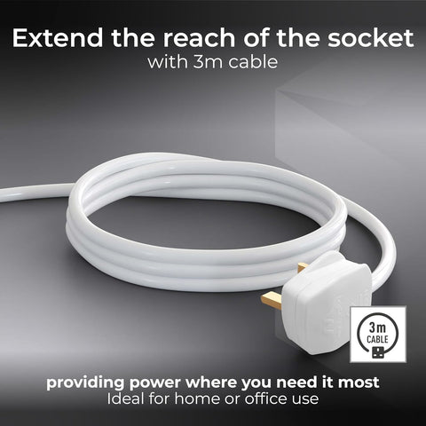 Masterplug Four Socket Extension Lead, 3 Metre Cable, Unswitched, 4-Way Plug Extension Cable, Power Strip, Basic Power, White, 13A, 4G, 3m, BFG3N