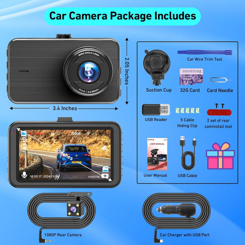 Dash Cam Front & Rear 1080P WiFi Car Camera with Night Vision & 32GB Card