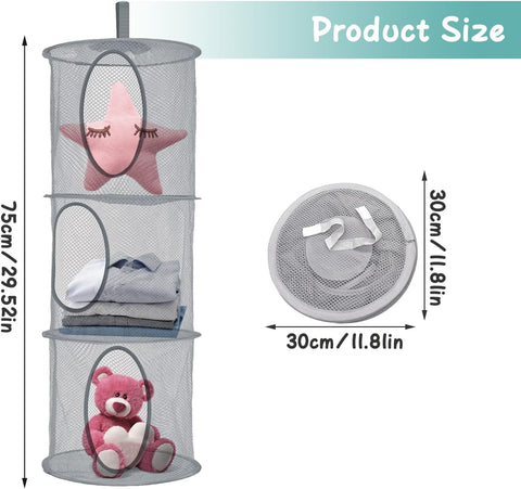 NCOALE 2-Pack 3-Tier Hanging Toy Storage Nets, Grey – Foldable Mesh Teddy Hammocks for Soft Toys, Clothes & Everyday Essentials