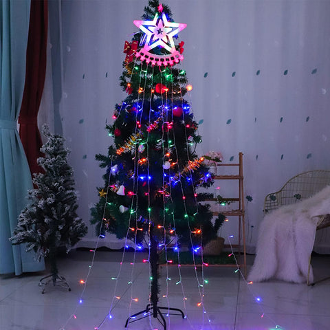 Christmas Tree Lights 350 LED Outdoor Waterfall Fairy Lights with Star Topper (Colourful)
