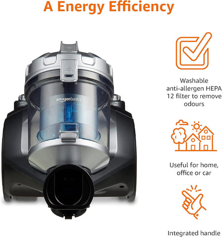Amazon Basics 700W Bagless Cylinder Vacuum Cleaner with HEPA Filter – Compact & Lightweight Design for Hard Floors, Carpets & Cars (UK) – Black