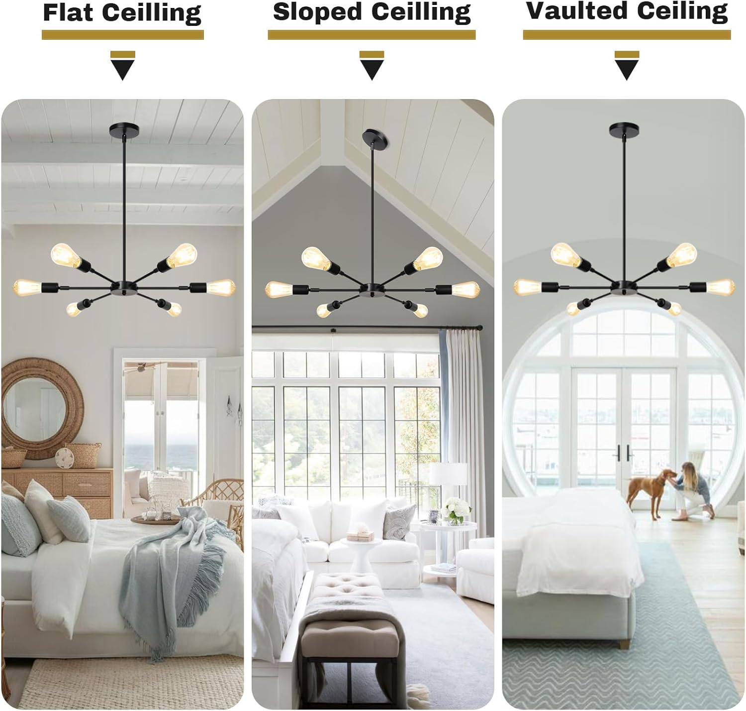 Chandelier shown in three different ceiling types: flat, sloped, and vaulted.
