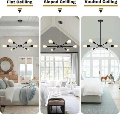 Chandelier shown in three different ceiling types: flat, sloped, and vaulted.