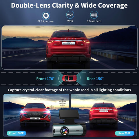 Dual Dash Cam Front and Rear with Night Vision and Wi-Fi