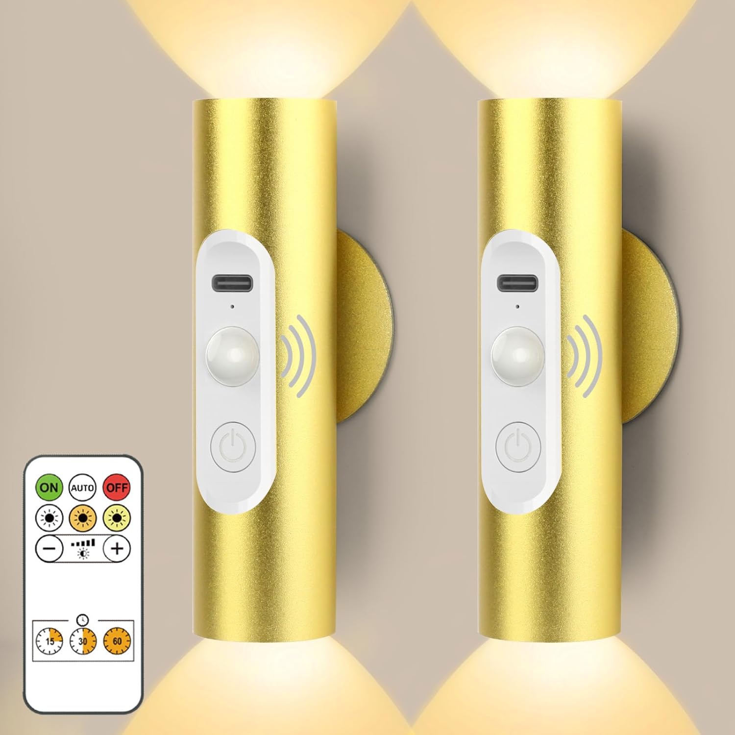 Two gold wall-mounted lights with remote control on a beige background