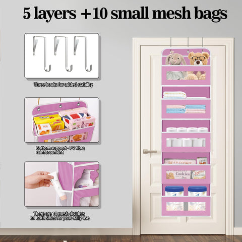 KYEVIS Over The Door Storage Organiser, 5 Shelves with 10 Mesh Pockets, Dark Grey – Keep Baby Essentials Neatly Within Reach