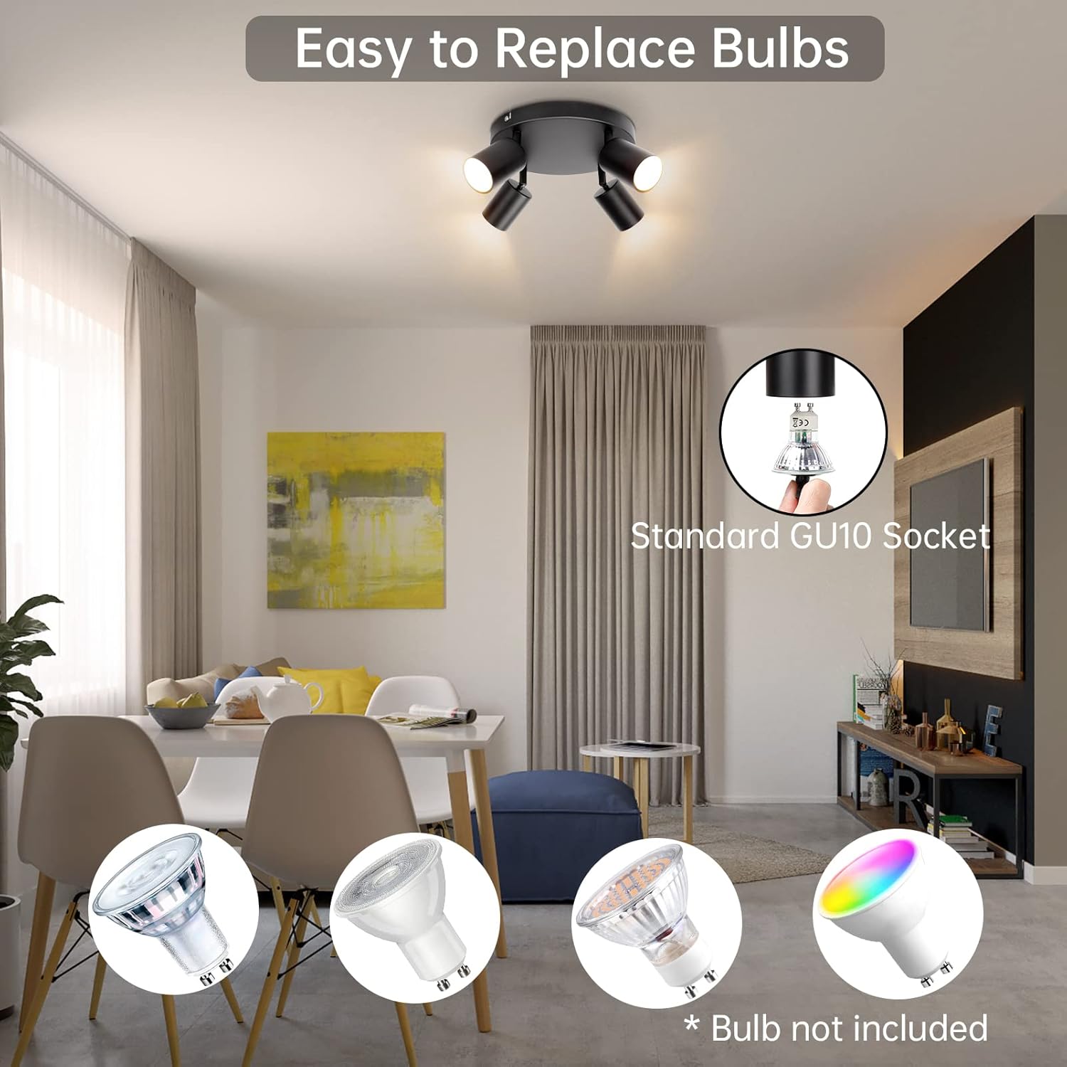 Living room with ceiling light fixture and bulb replacement options displayed.