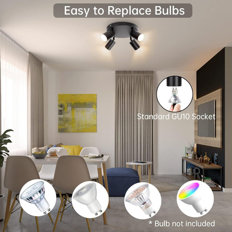 Living room with ceiling light fixture and bulb replacement options displayed.