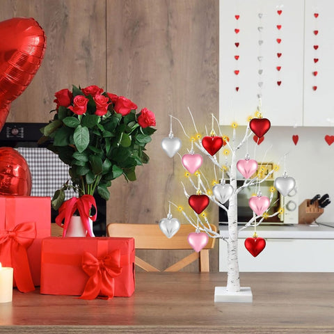 24 Inch Lighted Valentine Heart Tree, Pre-Lit Birch Style Table Décor with Heart Ornaments