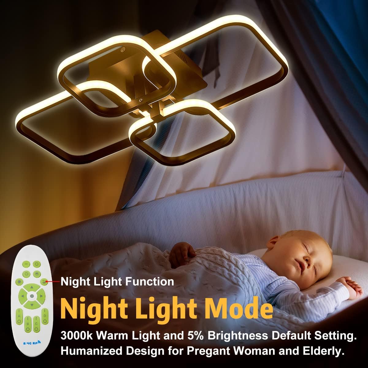 Ceiling light fixture with a baby in a crib, highlighting night light mode.