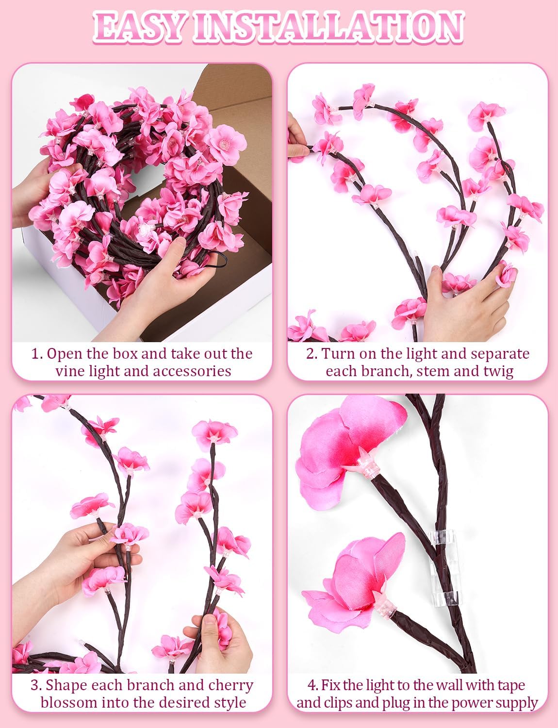 Instructions for setting up a decorative light with pink cherry blossom branches on a pink background.