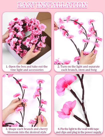 Instructions for setting up a decorative light with pink cherry blossom branches on a pink background.