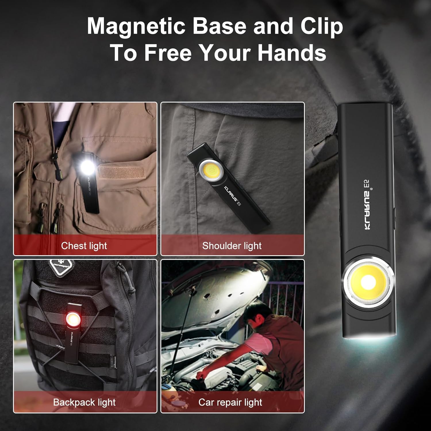 Light device with magnetic base and clip features, shown in various use cases.